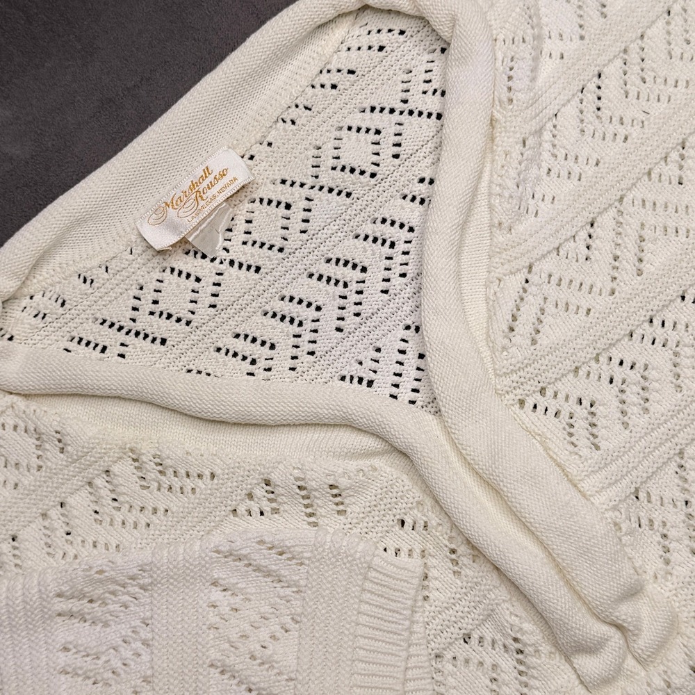 VTG 90s Marshall Rousso Sweater Women XL Cream Pointelle Knit 100% Cotton V-Neck